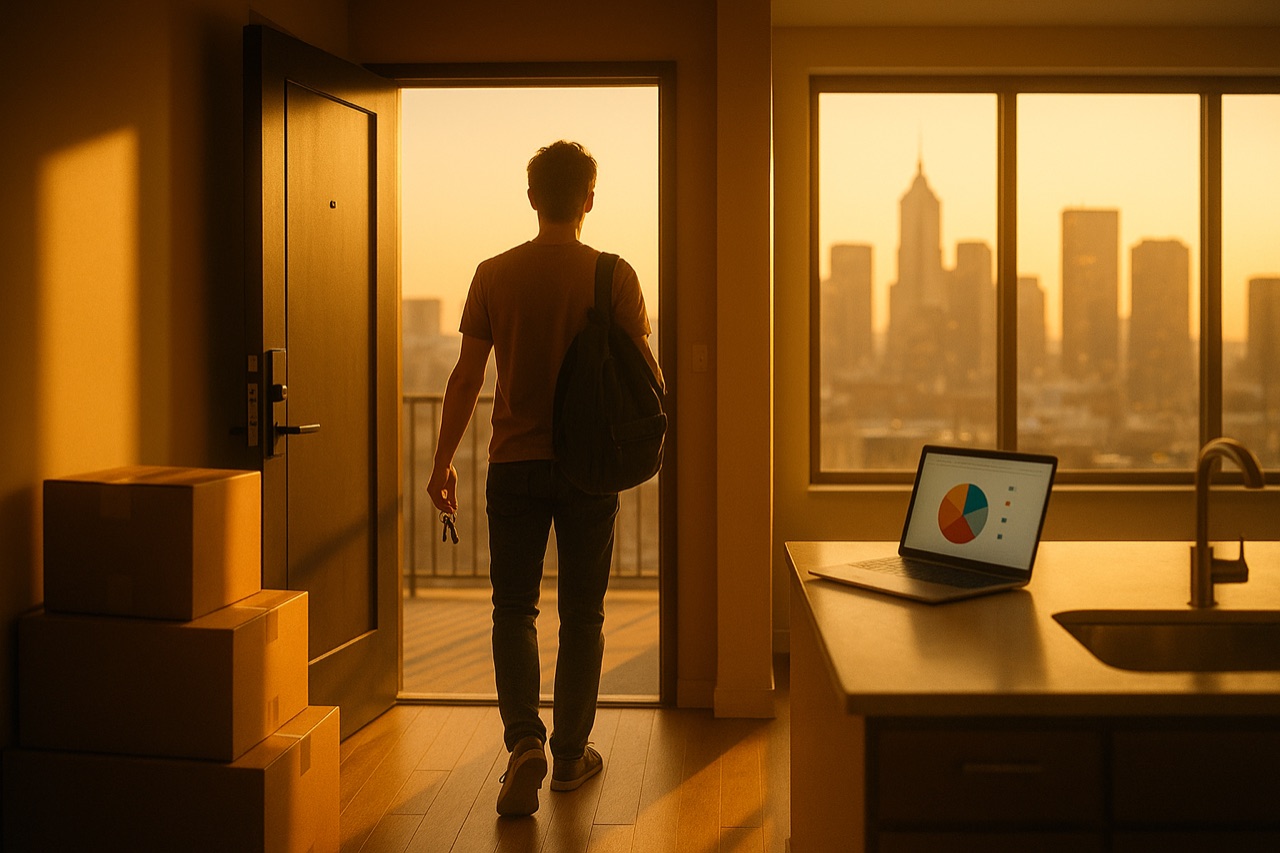 Adulting Academy — a young adult stepping into their first apartment at golden hour