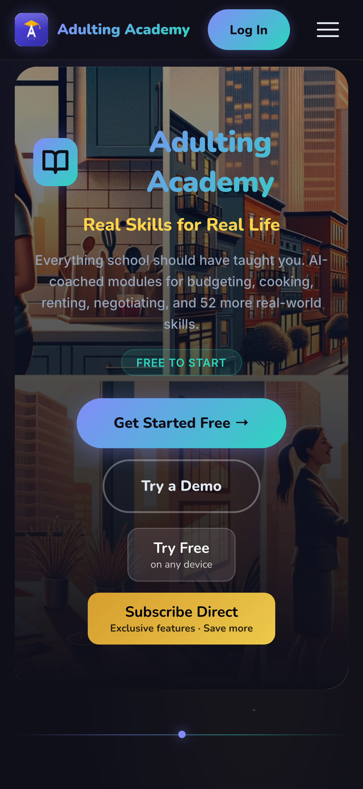 Adulting Academy welcome screen