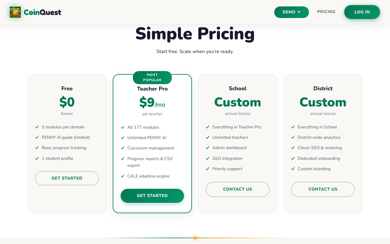 CoinQuest pricing — Free, Teacher Pro, School, District
