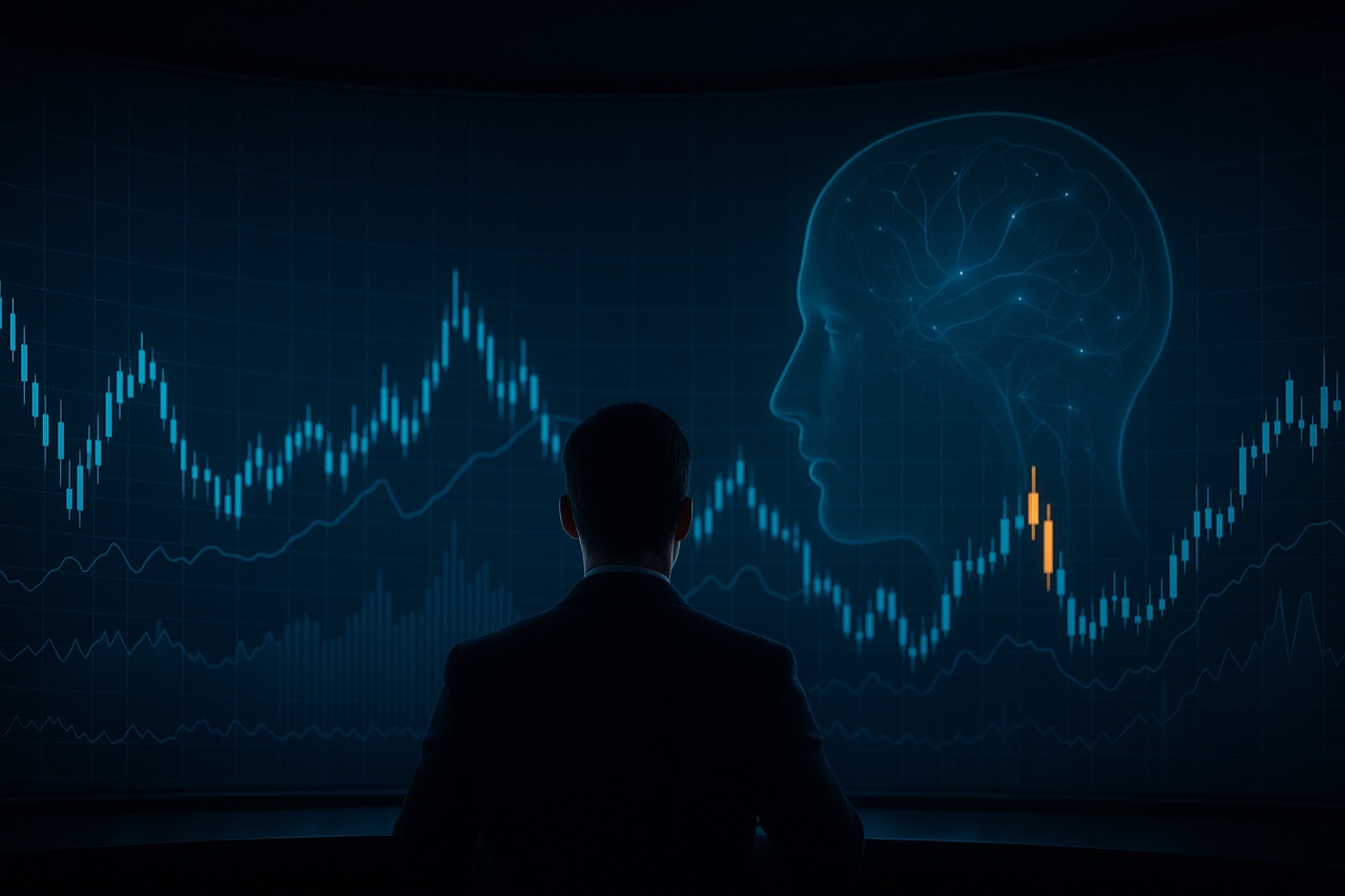 MarketSapien — a trader facing glowing market charts beside a neural silhouette, the psychology of decision-making